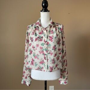 NAMELESS | Sheer Floral Cropped Button Down Blouse Sz L